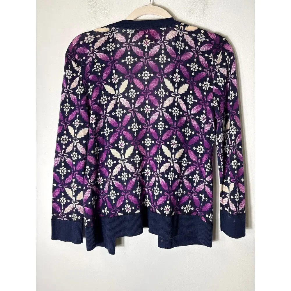 Tory Burch Purple Off White Long Sleeve Wool Cardigan Sz M